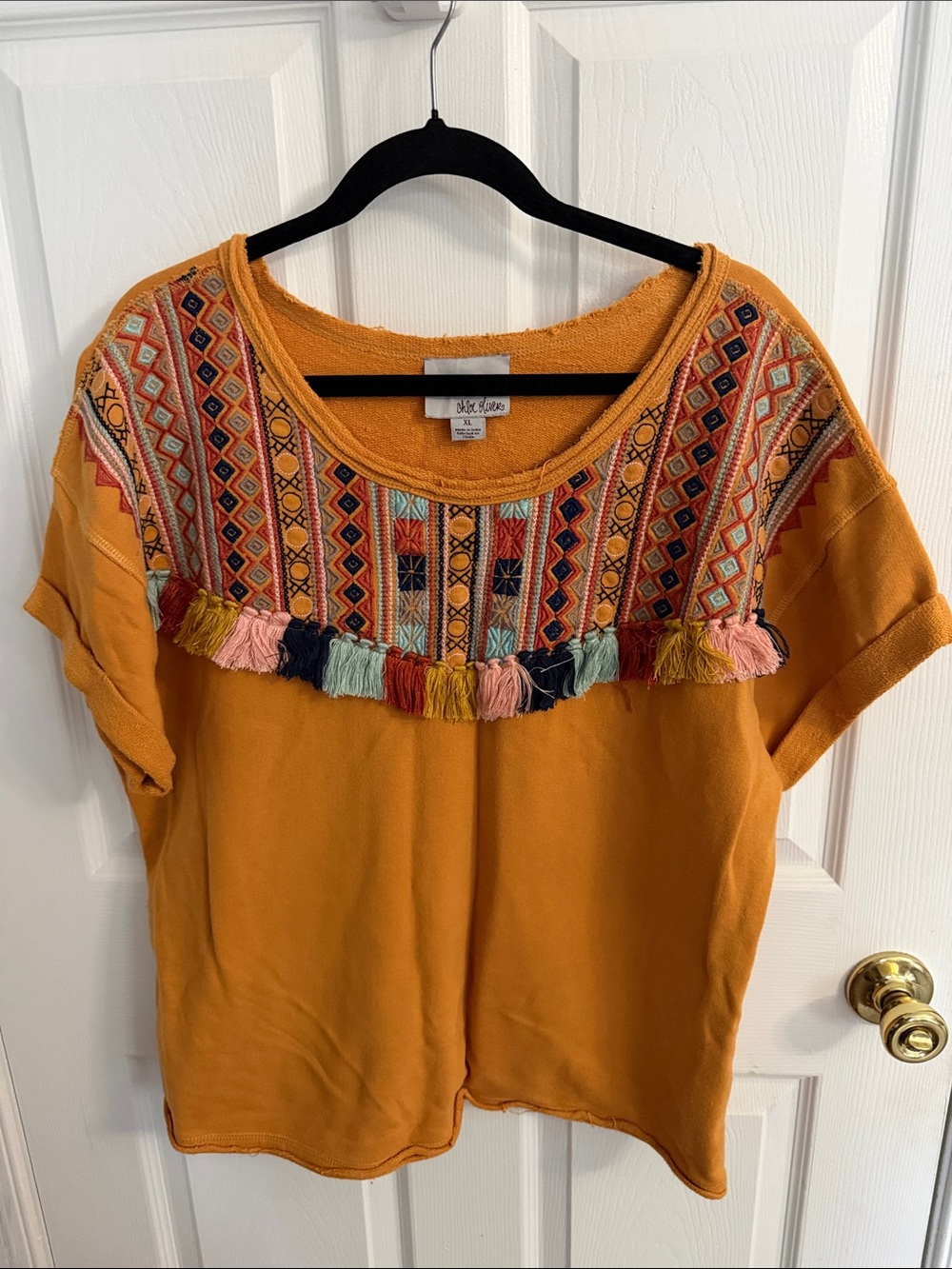 Anthropologie XL Mustard Orange Embroidered Tassel Short Sleeve Top